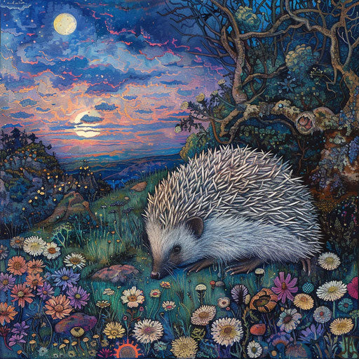 A hedgehog's evening ritual under a twilight sky