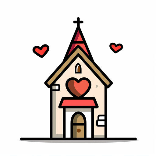 Church with heart icon on white background, bold outlines