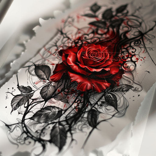 Gothic tattoo sketch of a red rose with dark shadows