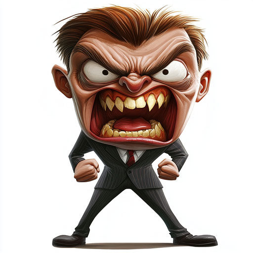 Humorous caricature of a suit caricature clipart with human characteristics, exaggerated frowning mouth, big feet, monochrome, vibrant colors, cartoon style, angry, high-resolution, no background, isolated