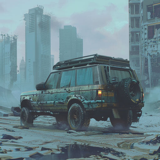 Post-apocalyptic 1995 Range Rover exploring deserted city
