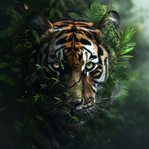 Tiger's face merging with the jungle