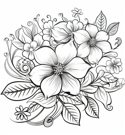 Black and white coloring page of a flower with a vine