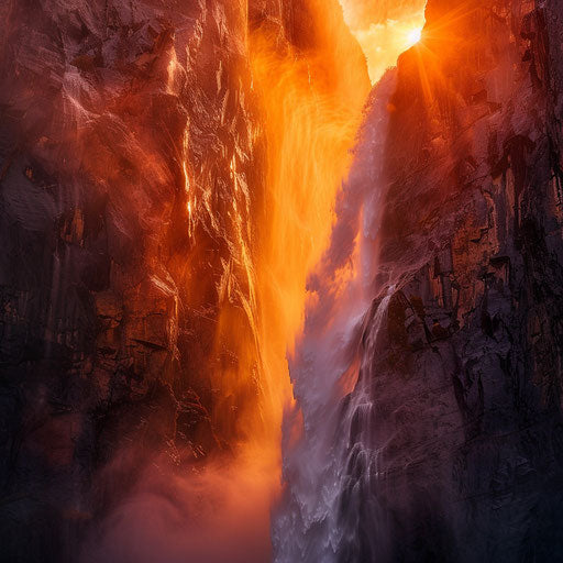 Ruby Falls with misty spray and sunset glow