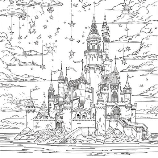 Enchanted castle with knights under a starry sky, Gennady Spirin style, coloring book