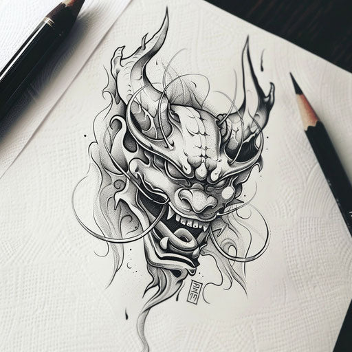 Flat tattoo sketch of a Japanese demon