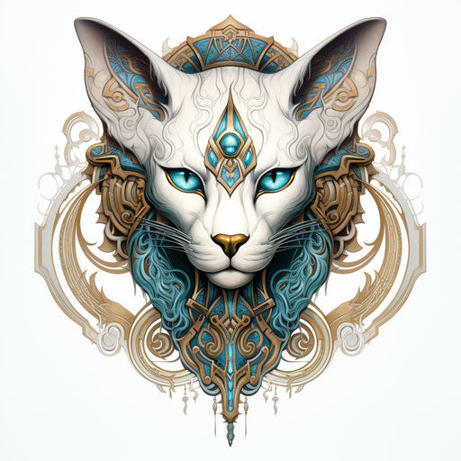 The head of a sphinx cat with Egyptian ornaments