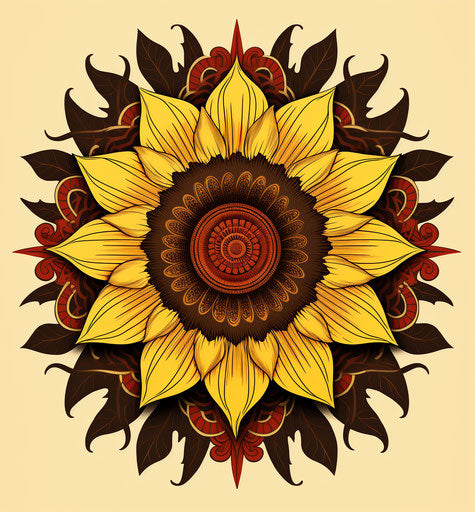 Geometric sunflower mandala in dark yellow and brown