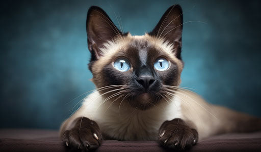 Siamese cat laying down looking up