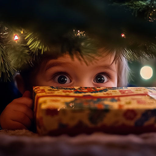 Child's wide-eyed excitement peeking at colorful Christmas gift