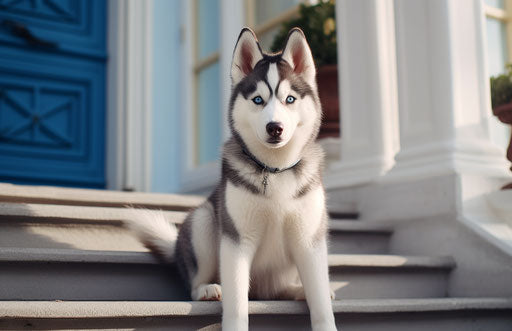 Siberian husky dog sitting on house steps
