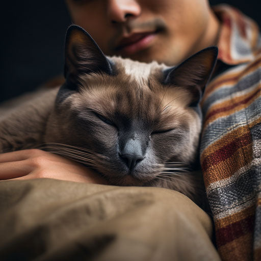 Sleeping Burmese cat on a couch with its owner