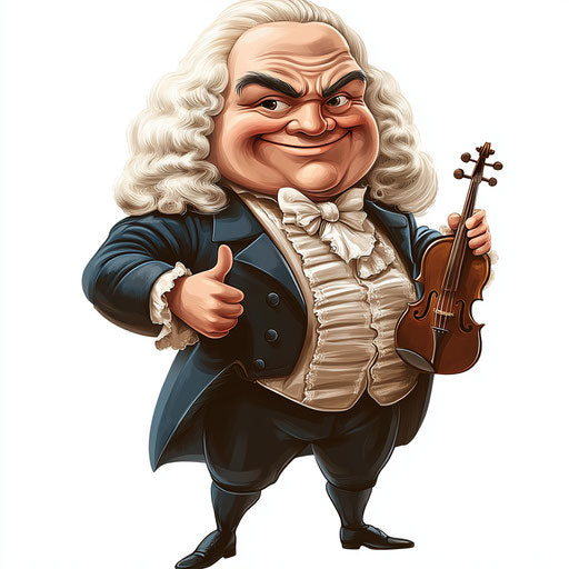 Humorous caricature of a Johann Sebastian Bach caricature clipart with human characteristics, exaggerated expressive eyes, muscular arms, playing with a toy, vibrant colors, cartoon style, thumbs up, high-resolution, no background, isolated