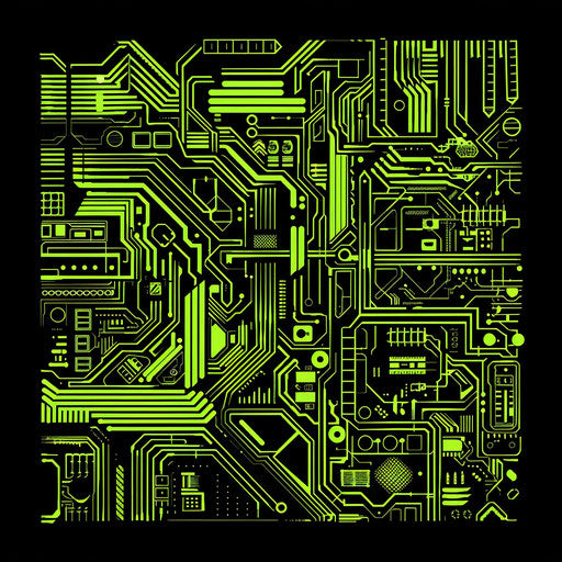Cyberpunk flat tattoo sketch with chaotic digital circuit patterns in neon green and black
