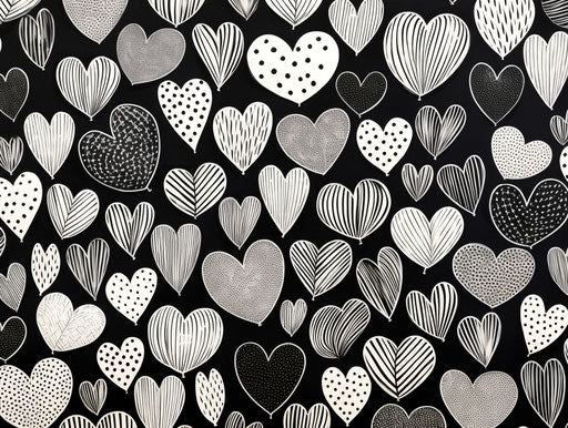 Black and white hearts with heart pattern, kate beaton style