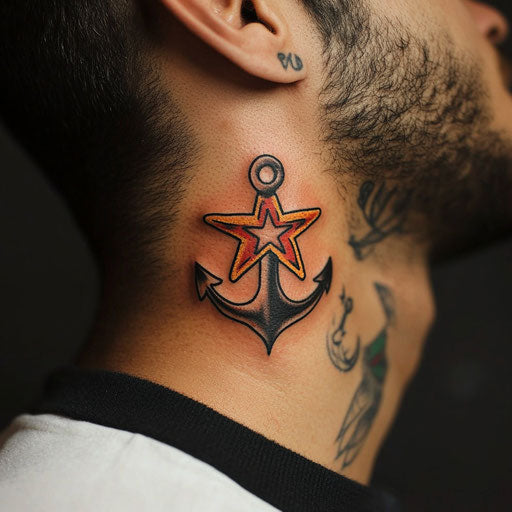 Small neck tattoos in Sailor Jerry style with anchor and star motif