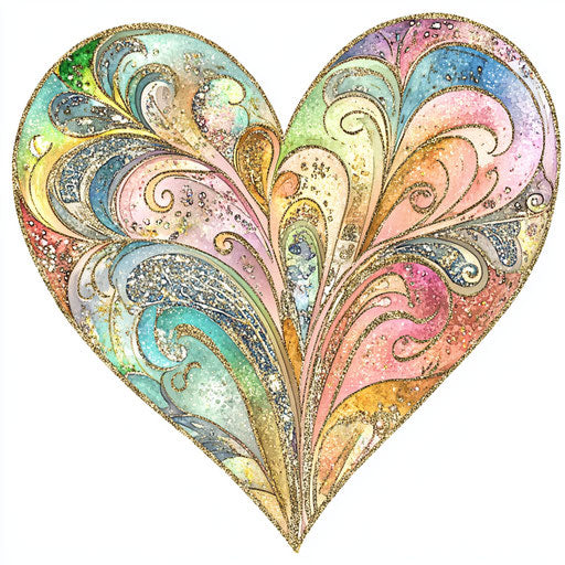 Whimsical heart-shaped design with intricate patterns and glitter