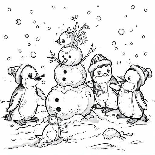 Penguins constructing a snowman together