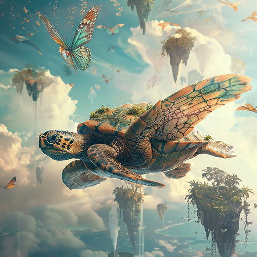 A flying turtle with butterfly wings in a sky of floating islands