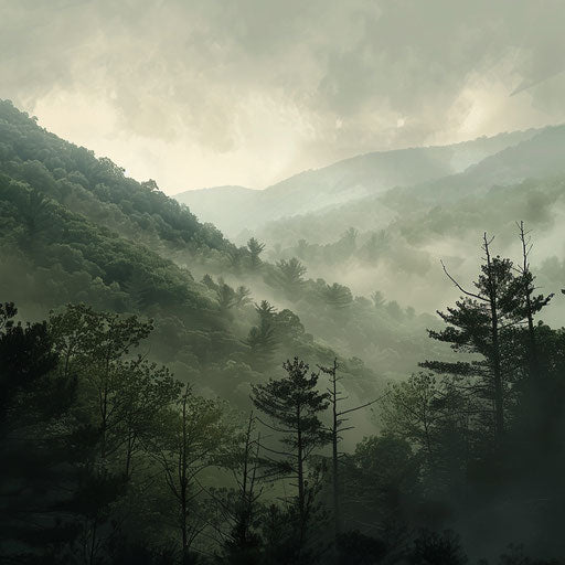 Stylized Appalachian Mountains, late afternoon, foggy