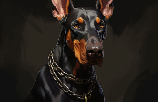 A black and brown doberman, in the style of changelingcore, whiplash line, rotcore, symbolic nabis 17:11