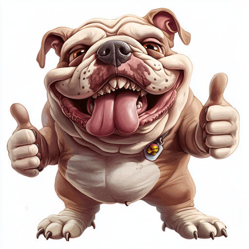 Humorous caricature of a bulldog with human characteristics playing with a toy