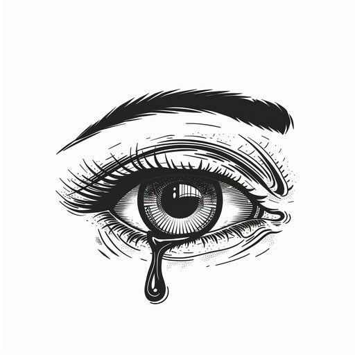 Minimalist sketch of an eye with a tear in black and white