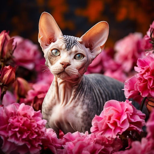 Devon Rex cat in a flower bed with beautiful flowers