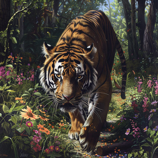 A Sumatran tiger pausing to sniff the air on a forest trail, surrounded by a burst of wildflowers, highlighting the biodiversity of its habitat.