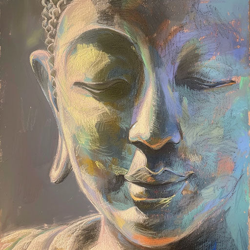 Soft pastel portrait of a peaceful Buddha statue, symbolizing enlightenment and inner peace