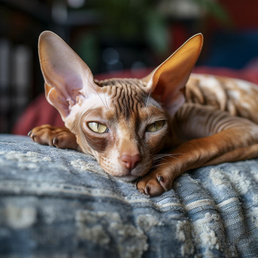 Cornish rex cat sleeping on a couch