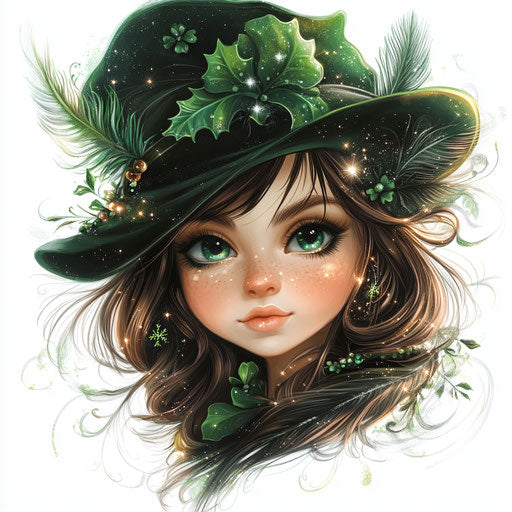 St. Patrick's Day girl with hat and feathers, cute chibi style