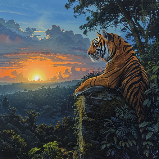 Sumatran tiger overlooking tropical canopy at sunset