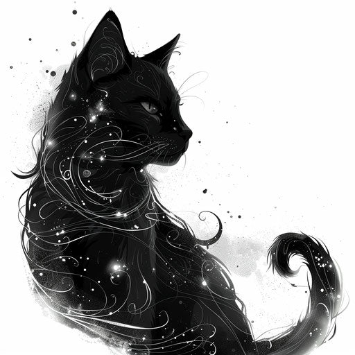 Black cat with gothic and lunar symbols on white background