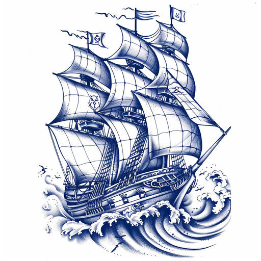 Classic tattoo sketch of a pirate ship with traditional nautical elements