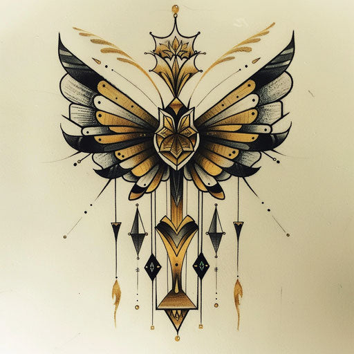 Art deco cross stitch tattoo design with gold and black linear accents