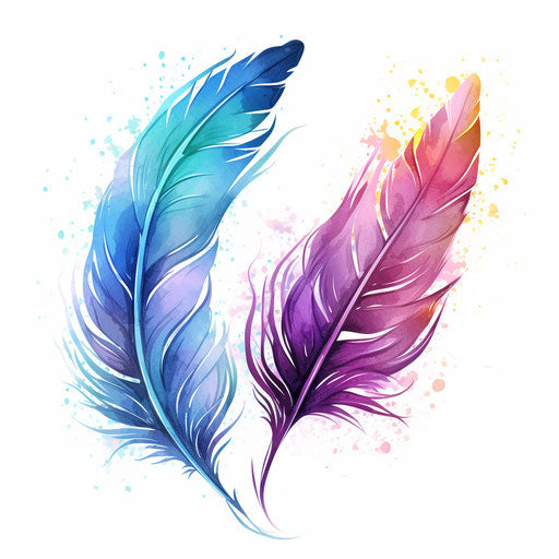 Two feathers in watercolor swirls, violet and aquamarine