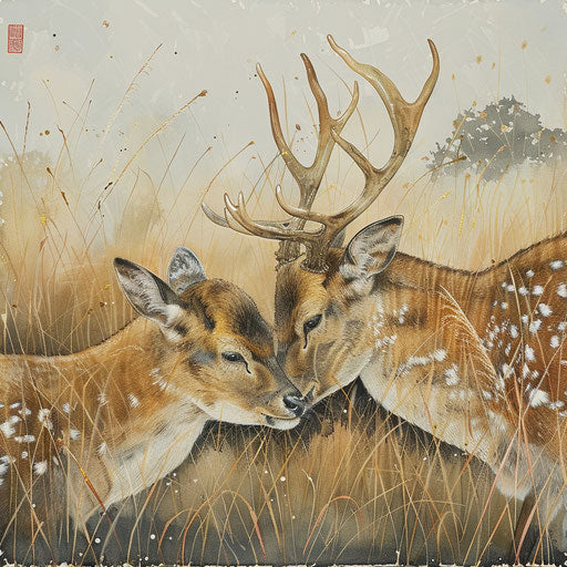 A pair of Yezo sika deer gently embracing in a field of tall grasses