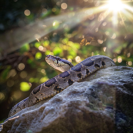 Python snake basking in the sunlight on a rock