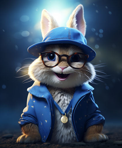 Bunny with glasses and blue hat, luminous style