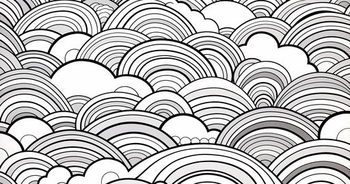 Rainbows coloring pages, paper cut-out style, precisionist lines, rounded shapes, high resolution, white and silver
