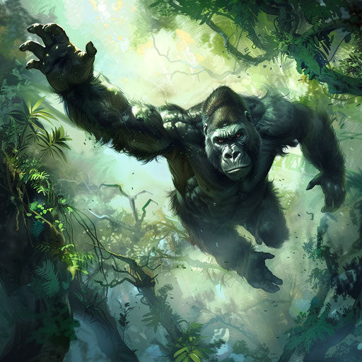 Gorilla leaping in the jungle canopy