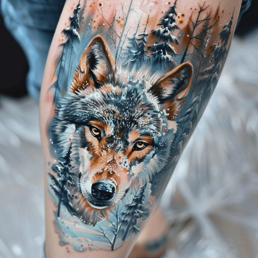 Realism tattoos of a wolf in the snow on the leg