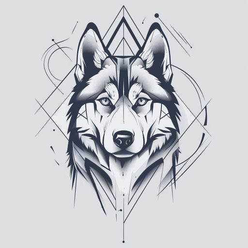Simple flat tattoo sketch of a husky silhouette with geometric elements