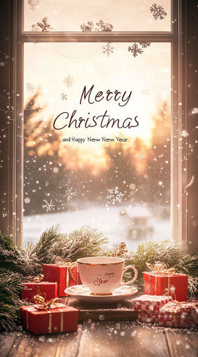 Snowy Christmas window with elegant teacup and red gifts