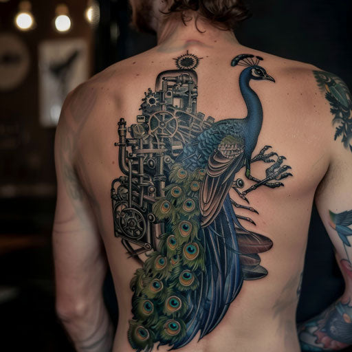 Biomechanical peacock tattoo blending organic and mechanical elements