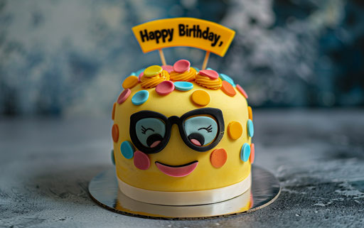 Emoji cake with sunglasses and happy birthday text