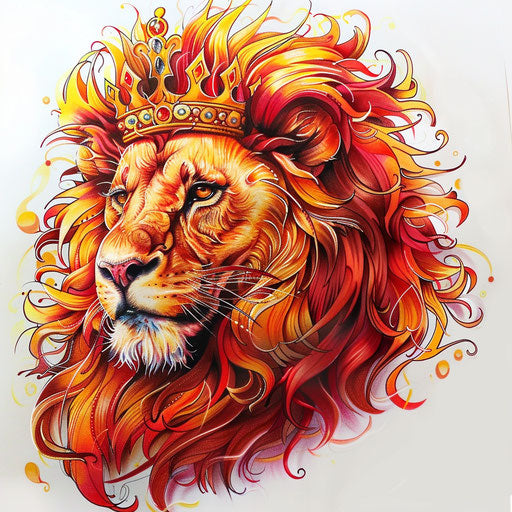 Royal Leo lion flat tattoo sketch, crowned in vibrant yellows and reds