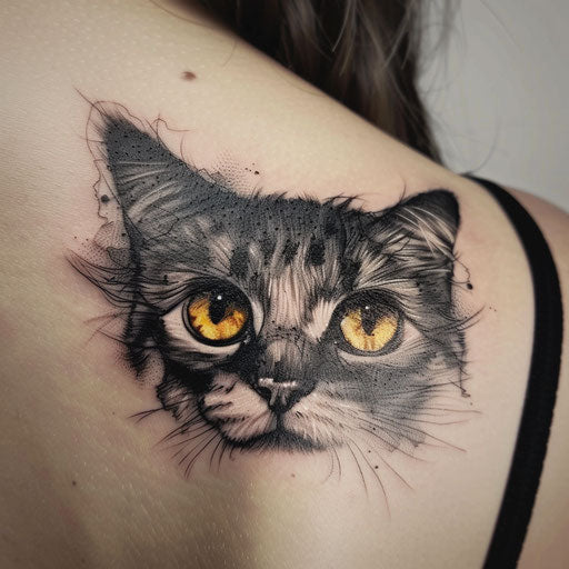Realism tattoos of a cat's piercing eyes on the shoulder blade