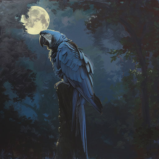 Blue parrot bathed in moonlight, moment of reflection